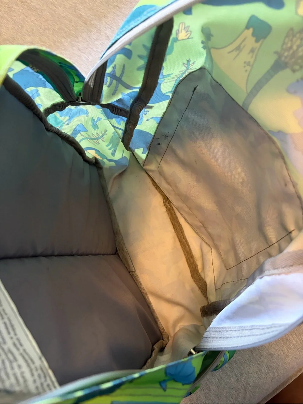 L.L. Bean Kids Dinosaur Print Small Backpack Green & Blue School Boy 16”x12”x4”
